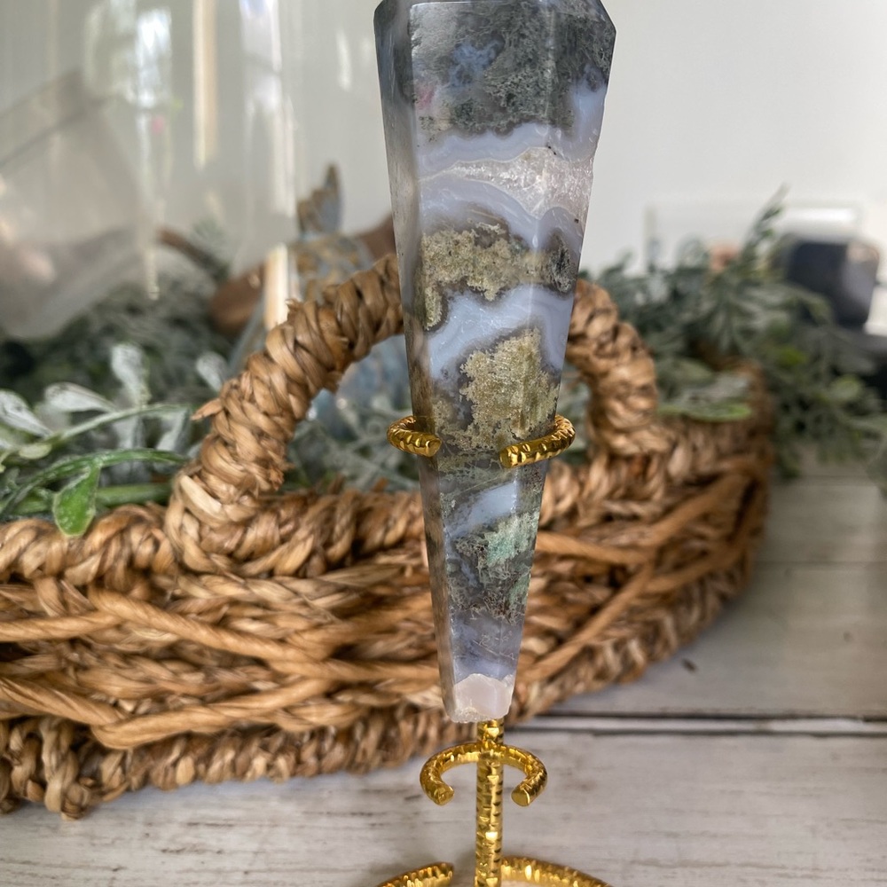 Moss Agate Stone Wand with Gold Stand